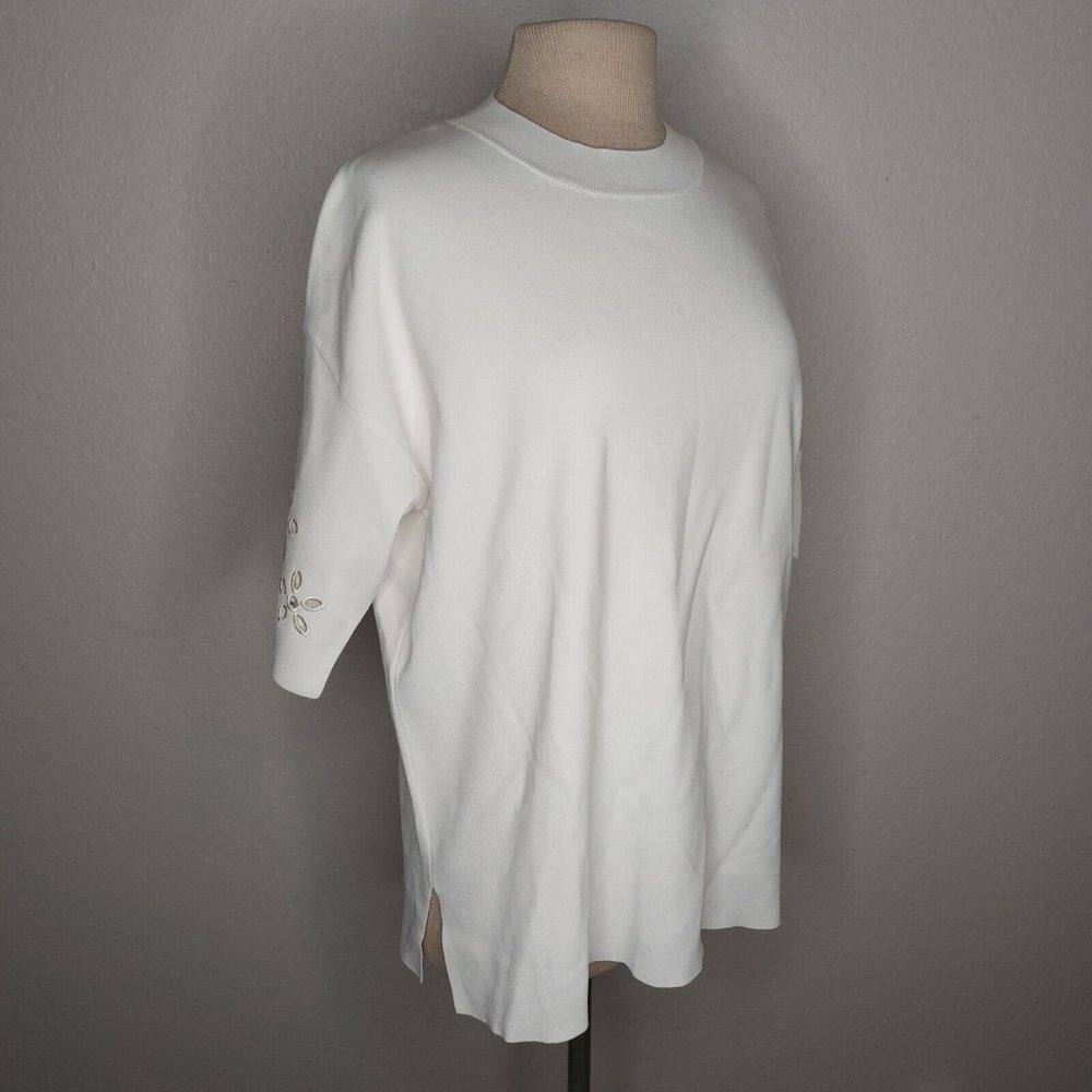 Zara Womens Top Medium Ribbed Short Sleeve Embroidered Flower Sleeves Ivory - Picture 9 of 16
